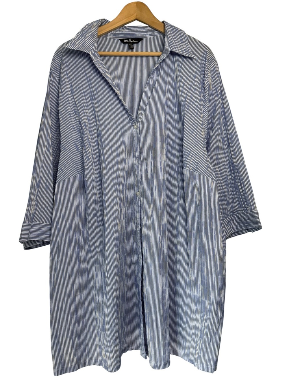 Ulla Popken Blue Striped Button Up Shirt Womens Size 32/24 V-Neck Career Summer